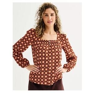 Draper James Women's Allover Geo Print Long Sleeve Square Neck Top Size XL